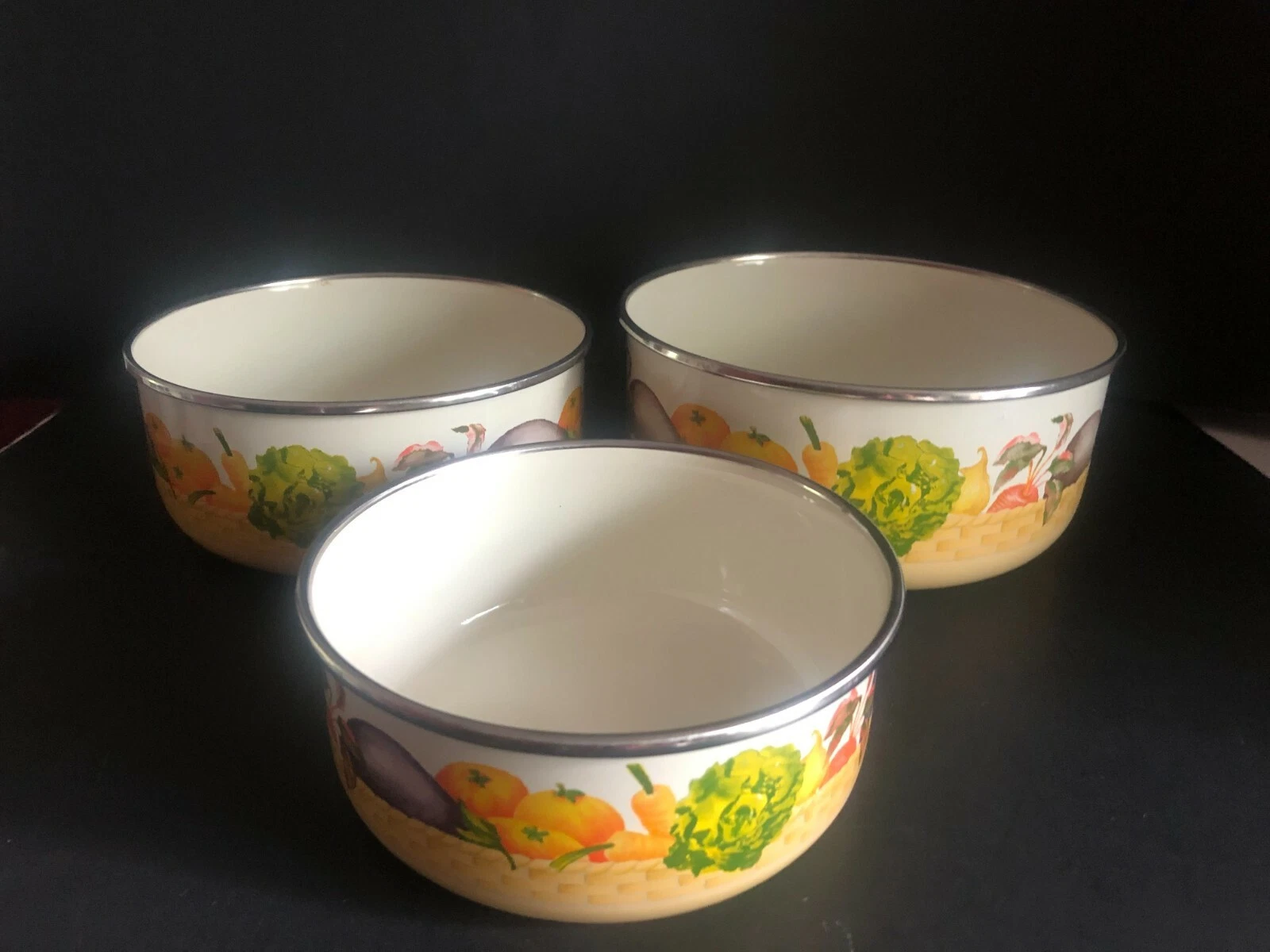 Vintage Metal Enamel Nesting Mixing Bowls 70's Vegetable Pattern