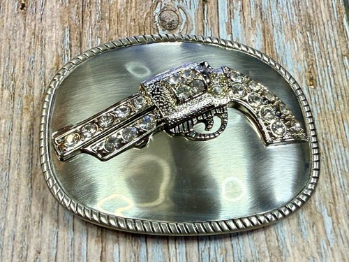 Jeweled Gun Pistol Revolver Rhinestone Accented Silver Color Oval Belt Buckle - 第 18/22 張圖片