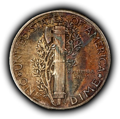 1937 10c Mercury Silver Dime - Pastel Rainbow Toning- SKU-Y6352