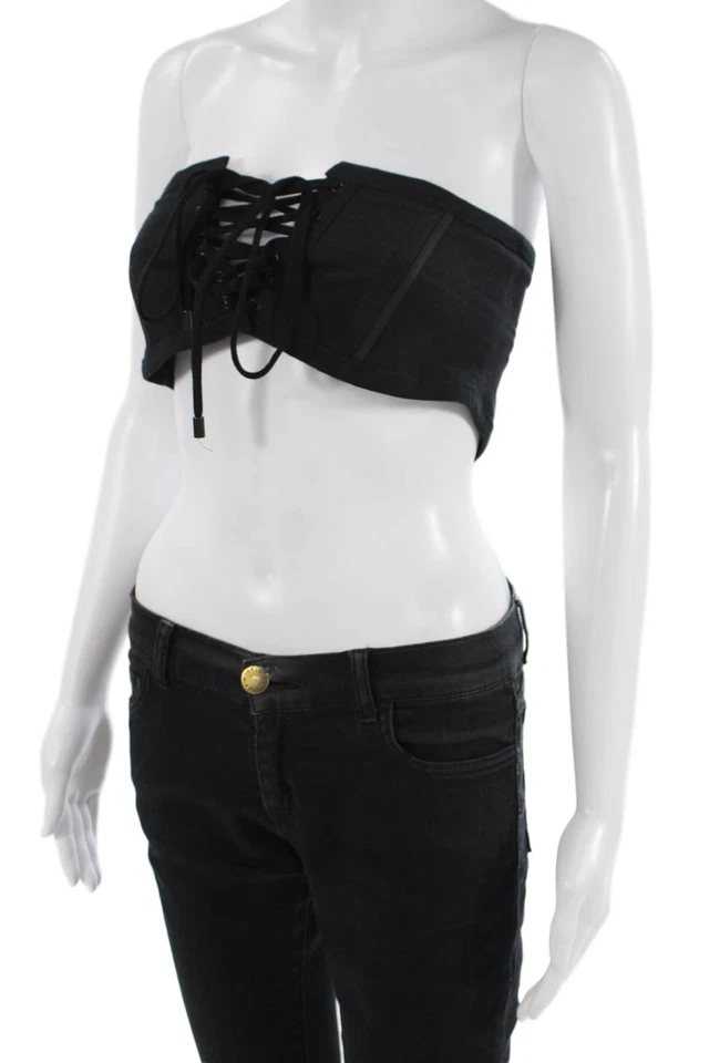 Isabel Marant Womens Cotton Lace Up Zip Back Strapless Crop Top Black Size 36 - Image 2 of 4