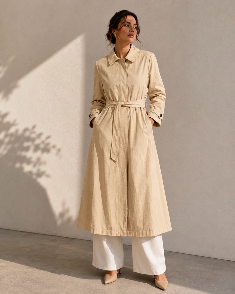H&M Divided Beige Twill Trench Coat US M Hidden Button Belted Long Jacket