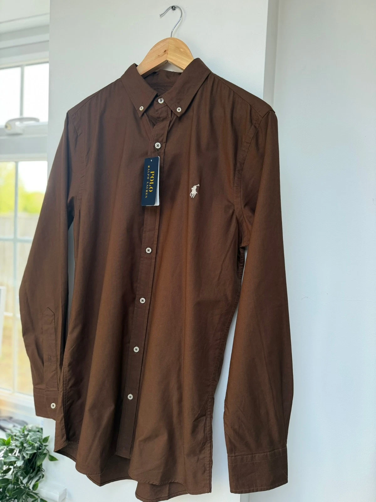 Polo Ralph Lauren Oxford Shirt Brown 100% Cotton Button Down Slim Fit Size M