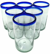 Hand Blown Mexican Drinking Glasses – Set of 6 Glasses with Cobalt Blue Rims...