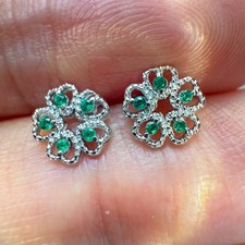 925 Sterling Silver Earrings 1mm Green Natural Emerald Gemstone Flower Stud Gift