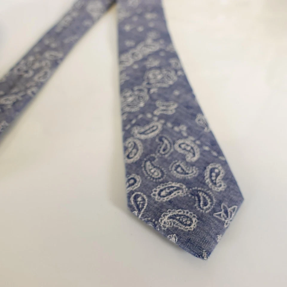 Gravata masculina jacquard de algodão STEVEN ALAN azul paisley boho terno designer EUA - Imagem 4 de 4
