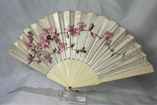 Vtg Cream Satin Folding Fan Hand Painted Pink Blossoms Stamped Guards  Sticks
