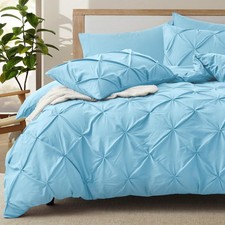5 Piece Pinch Pleated Duvet Cover Full/Queen Size Set, Light Blue Pintuck Duv...