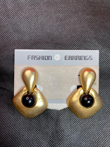 NWT Vintage Black Cabochon Matte Gold Tone Door Knocker Style Clip On Earrings - Picture 18 of 18