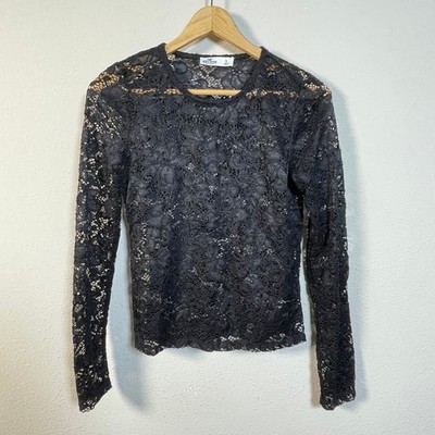 Hollister Floral Lace Top Womens Small Black Sheer Long Sleeve Goth Dark Fairy