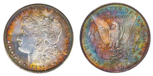1881-S PCGS MS63 MORGAN $ - CLEAR COLORFUL TEXTILE MARKS- RAINBOW TONED (VIDEO)