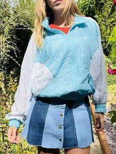 Vintage 1980s Shell Suit Jacket Zip Up Oversized Ladies Blue White Size 8 10