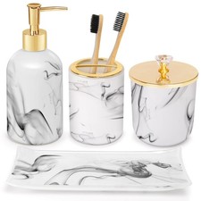 Bathroom Set, 4 Pcs Marble Look Sets Soap Dispenser  Toothbrush Holder Count...
