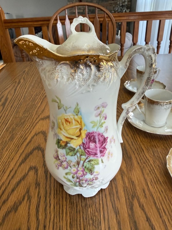ANTIQUE HAND PAINTED PORCELAIN Chocolate Pot Set