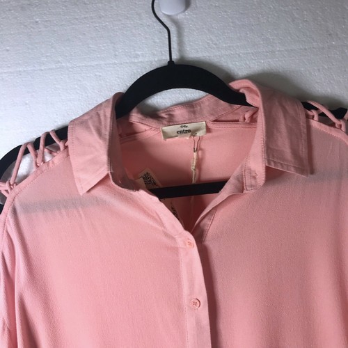 Entro New Womens Small Pink Lace Up Shoulder Button Front Top Blouse Long Sleeve - Picture 4 of 10