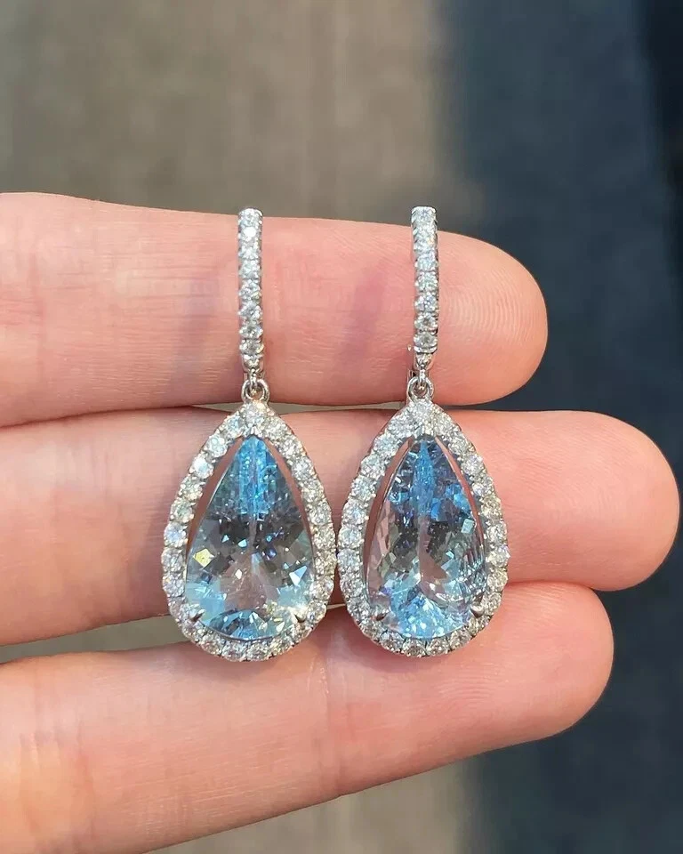 Pendiente de diamantes aguamarina natural corte pera de 7,30 quilates oro blanco macizo de 14 quilates Foto 2 de 4