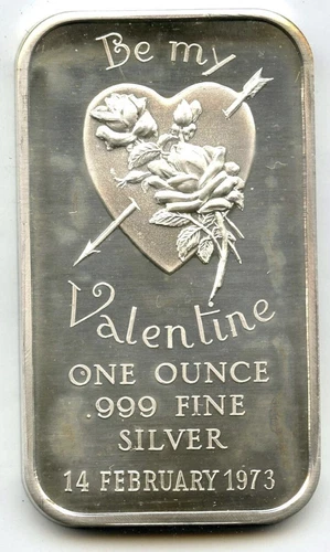 Be My Valentine 1973 Art Bar 999 Silver 1 oz Medal Bar Ingot Bullion Heart H525
