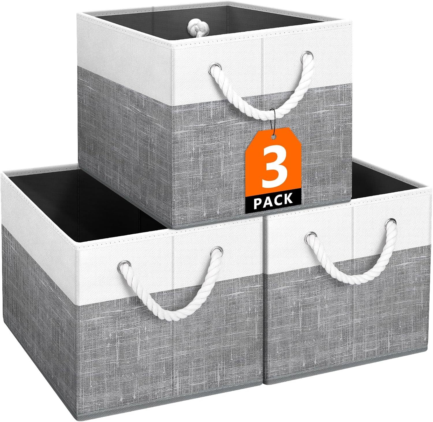 3-Piece Large Storage Box Set with Rope Handles in White & Gray