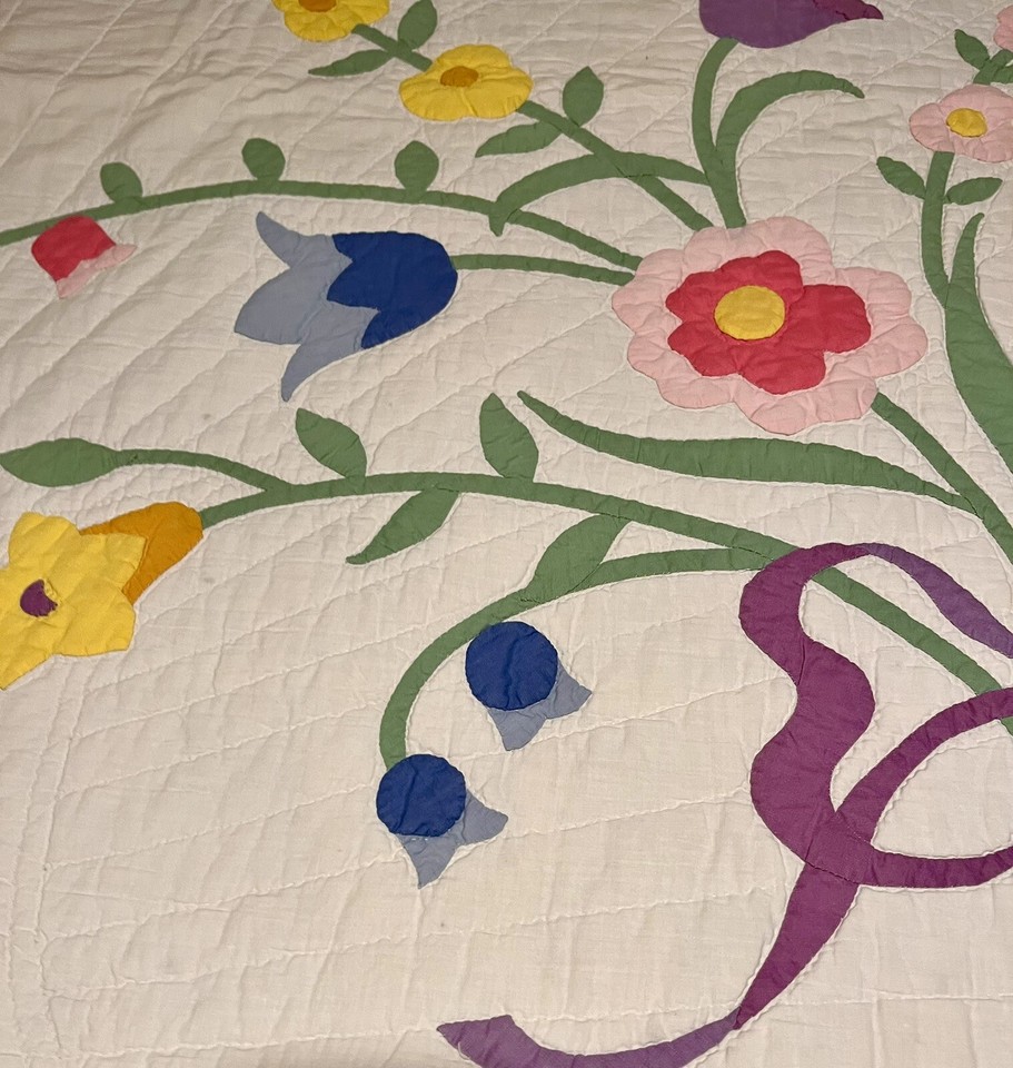 BEAUTIFUL Well Quilted Vintage Floral Bouquet Applique Queen Quilt! eBay