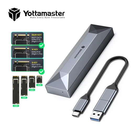 Yottamaster M.2 NVMe SATA Gehäuse USB 3.2 Gen 2 Aluminium M-Key/M+B Key 10Gbps - Afbeelding 1 van 7