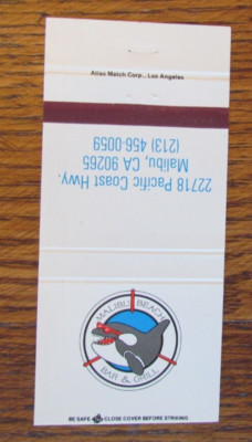 WHALE MATCHBOOK COVER: MALIBU BEACH BAR & GRILL CALIFORNIA EMPTY MATCHCOVER -C1