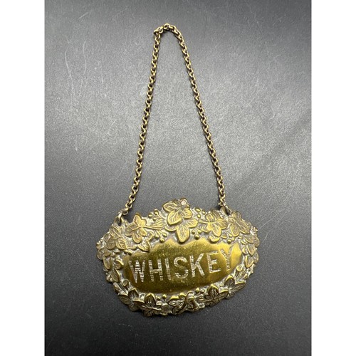 Antique Brass Art Nouveau Whisky Bottle Tag Liquor ID Decanter Label Charm READ - 第 1/7 張圖片