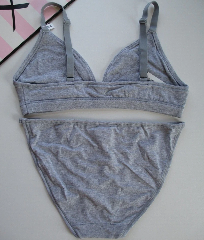 VICTORIA'S SECRET PINK Cotton Bralette Bra and Panty Set Size L Gray Wireless VS - Image 2 of 4