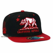 California Republic Hat Bear Logo Embroidered Snapback Flat Bill Baseball Cap 