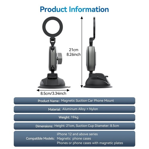 Support Voiture Aspiration Magnétique pour Smartphones - Support Sécurisé Tableau de Bord & Pare-Brise - Photo 13 sur 16