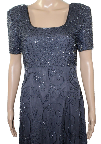 Maxi Vestido Formal Scala Gris Negro Cuentas Cuello Cuadrado Mangas Cortas Seda L - Imagen 3 de 12