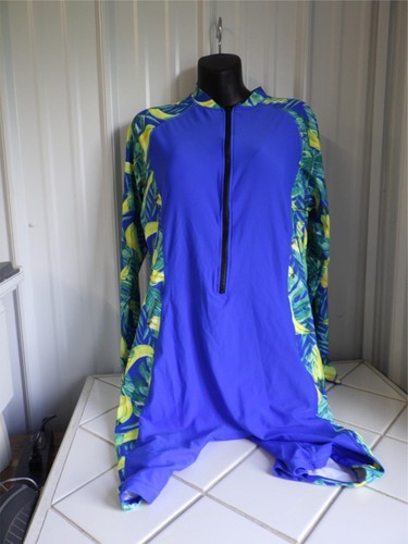 Damen Rash Guard Dive Skin 2XL Blau Gelb Tropical Langarm Knielang