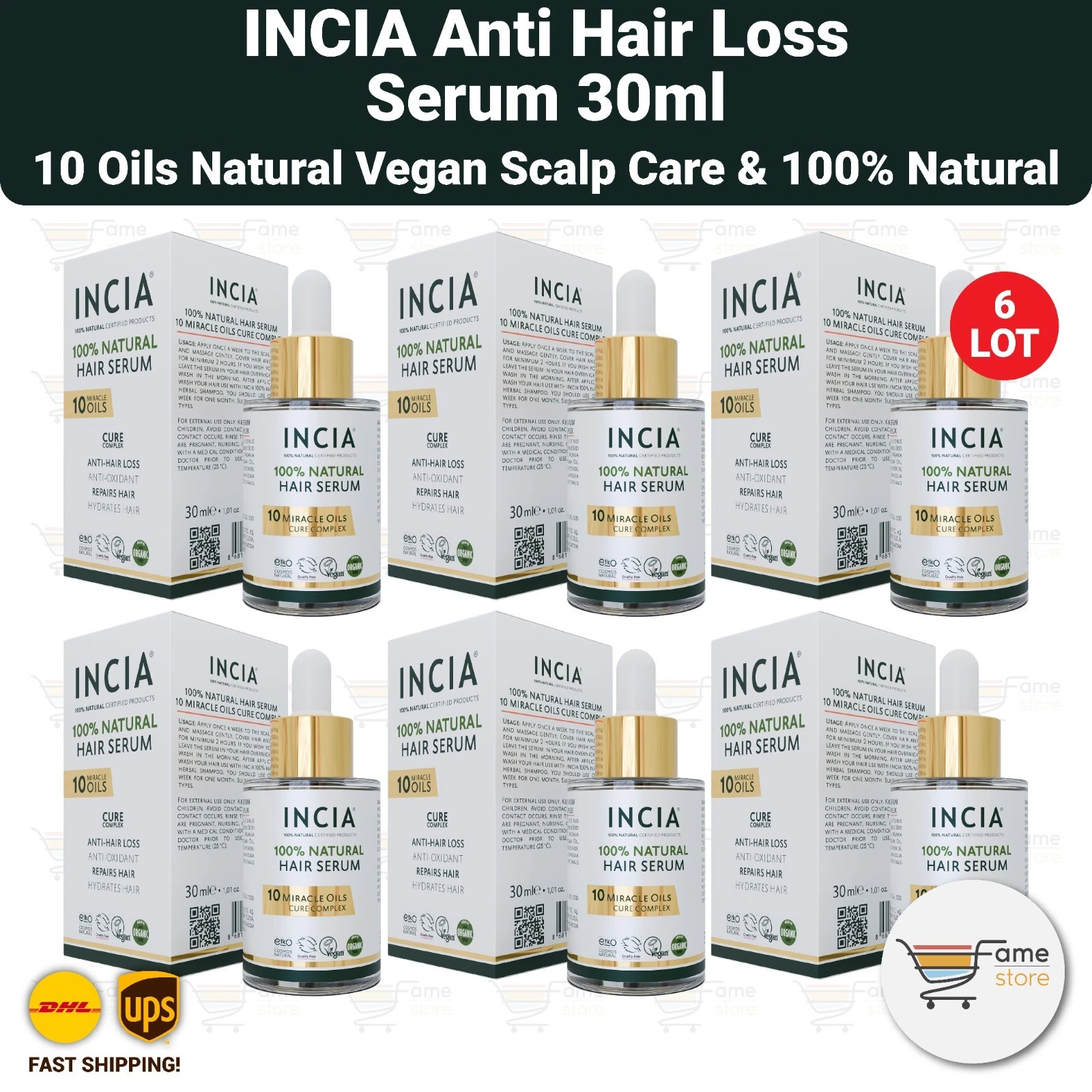 INCIA Anti Hair Loss Hair Serum 10 Oils Natural Vegan Scalp Care 30ml - 6 LOT