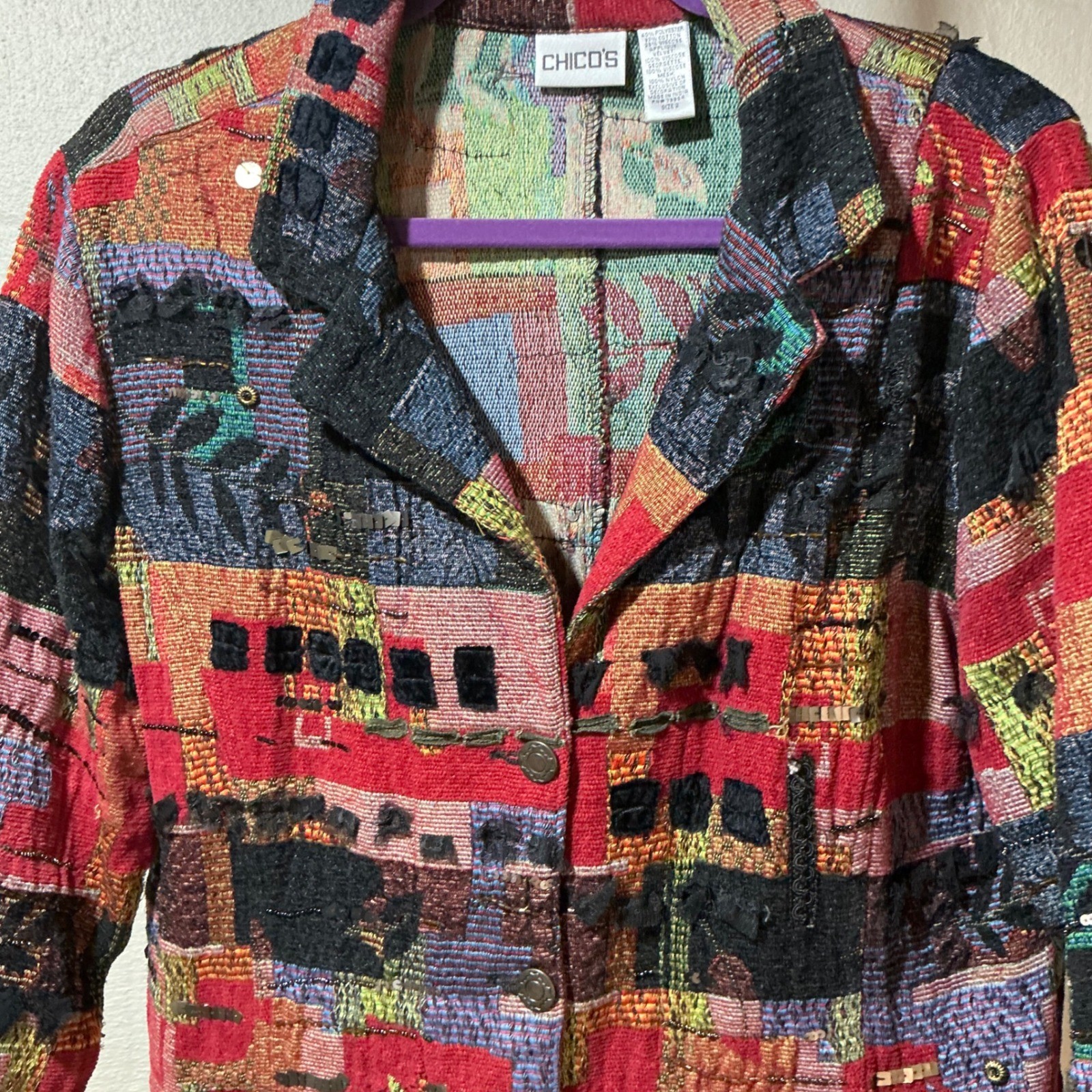 Chicos Patchwork Jacket Textured Embroidered Sequ… - image 2