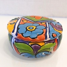 Caja de baratija redonda de cerámica mexicana Talavera plato joyería flores florales coloridas