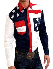 Roper Western Shirt Mens L/S USA Flag Snap Blue 03-001-0185-0304 BU