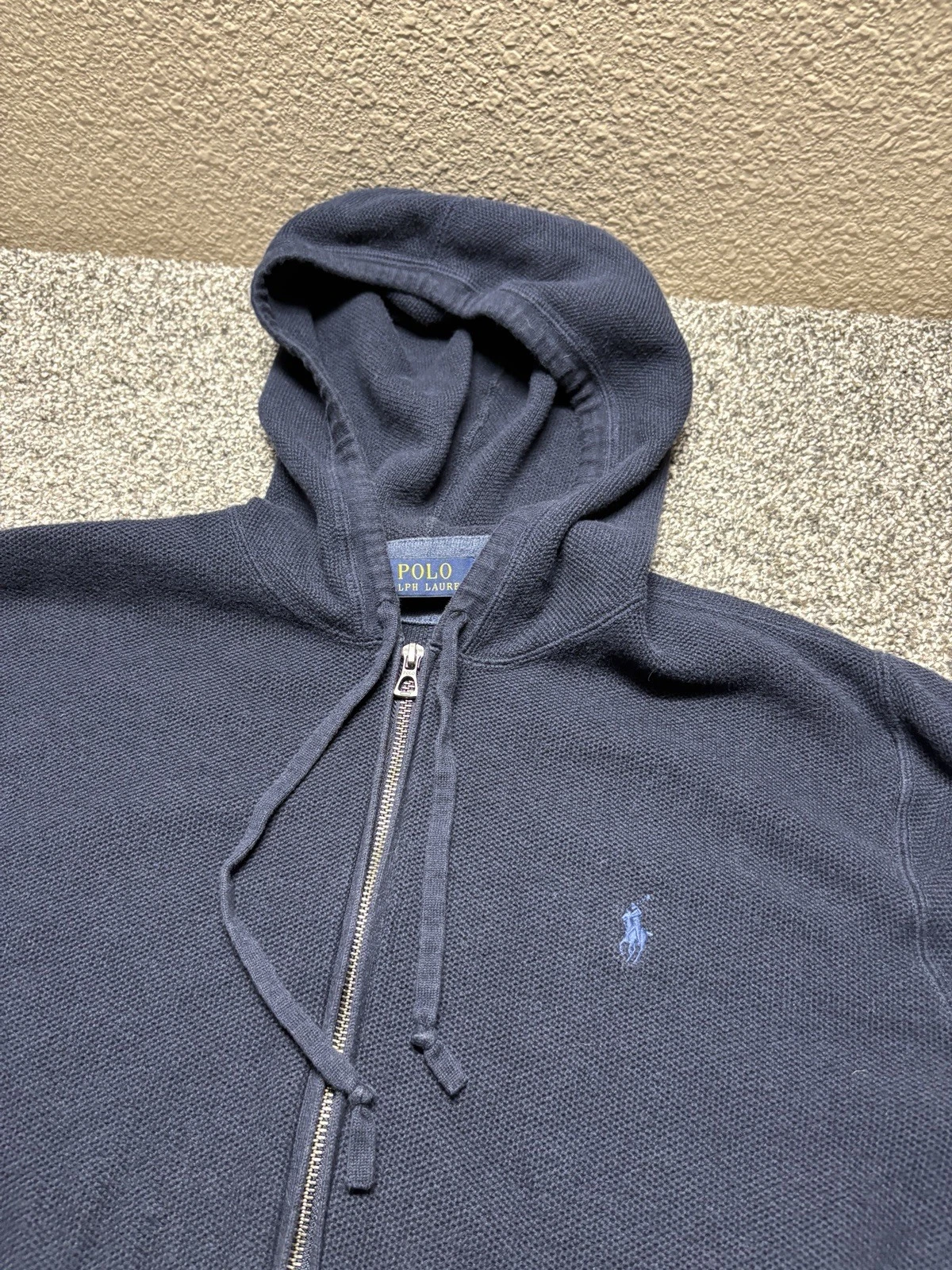 Polo Ralph Lauren Sweatshirt Mens Large Blue Waffle Knit Hoodie Jacket Full Zip