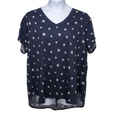 CYNTHIA ROWLEY T-Shirt Plus Size 3X Navy Stars Cotton V-Neck Knit Top NEW NWT