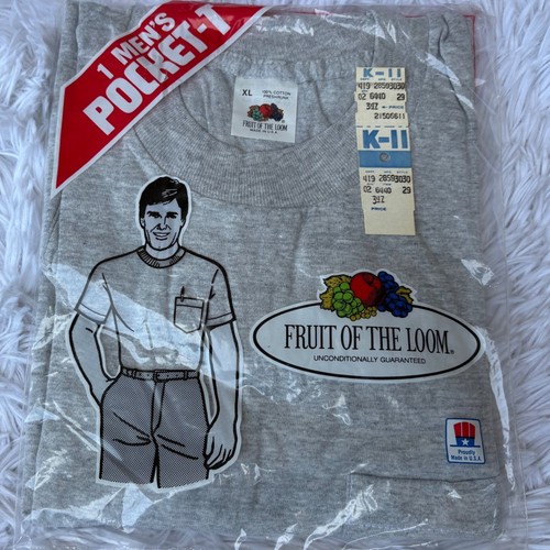 Vintage 80s Fruit of the Loom Pocket T Shirt Mens XL Gray Made in USA Deadstock