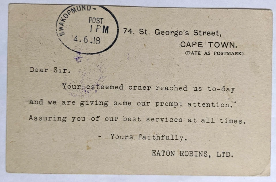 Cape Town, SA--A. Peterman, Swakopmund, S.W.A. Protectorate/CENS./1/2-p PSC/1918 - Image 2 of 2