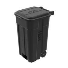 Outdoor Trash Can 45 Gal Black Heavy Duty with Wheels  Attached Lid