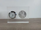2001 American Silver Eagle 1 Ounce Silver In  Lucite w/ Clock, Works New Battery