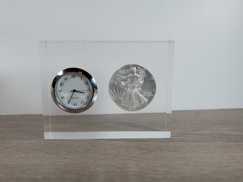 2001 American Silver Eagle 1 Ounce Silver In Lucite w/ Clock, Works New Battery