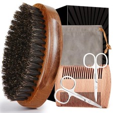 Soft Boar Bristle Brush and Comb, Scissors Set for Beard Mustache Trimming