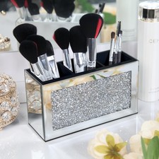 Mirrored Makeup Brush Holder Organizer, 3 Slot Glass Cosmetics Brushes Storag...