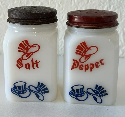 Vintage Hazel Atlas Milk Glass Salt and Pepper Shakers Hat Design Festive July