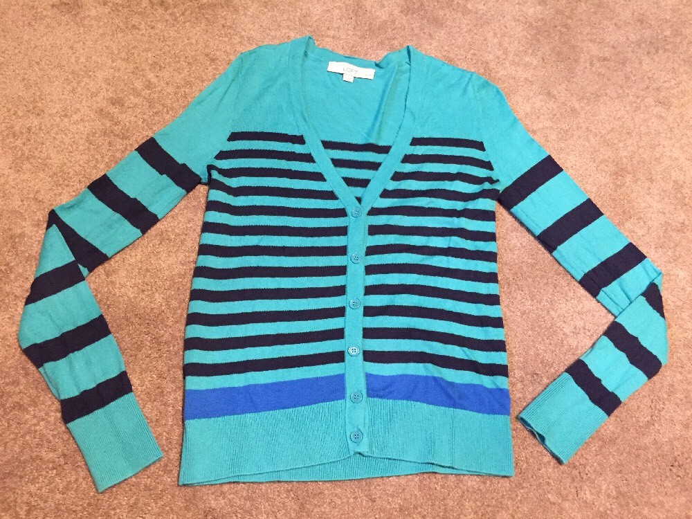 Women Ann Taylor Loft Blue Stripe Button V Neck Cardigan Sweater Petite  Small