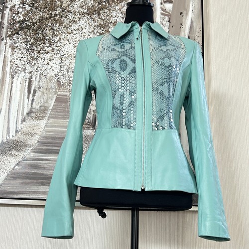 Che Bella Womens Snake Print Sequined Blue Faux Leather Jacket - Size 40 - Picture 3 of 9