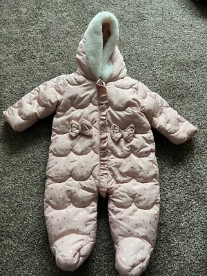 Matalan Girls Pink Gold Stars All In 1 Hooded Coat 0-3 Months Fold Over Mittens