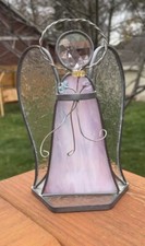 Vintage Stained Glass Angel  Flowers Tealight Candle Holder Suncatcher