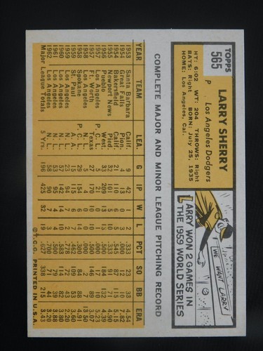 1963 Topps Baseball Card #565 Larry Sherry (NM+) - Picture 2 of 2