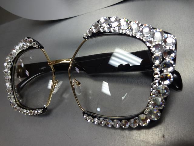 Oversized Retro Style Clear Lens EYE GLASSES Black Gold Frame Crystals Handmade image 9